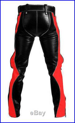 Mens Bondage Pants Real Black Red Leather Heavy Duty Jeans Bluf