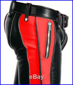 Mens Bondage Pants Real Black Red Leather Heavy Duty Jeans Bluf