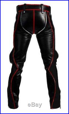 Mens Bondage Pants Real Black Red Leather Heavy Duty Jeans Bluf Gay