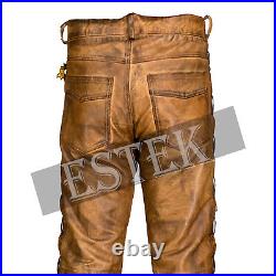 Mens Brown Cowhide Leather Biker Pants Side Laces Vintage Trousers