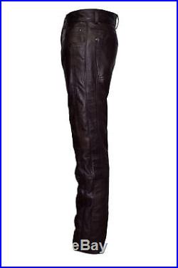 Mens Brown Designer Soft Leather Stylish Elegant Slim Fit Biker Trousers Pants