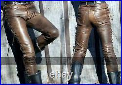Mens Brown Leather Biker Laces Pants Vintage Leather Trousers