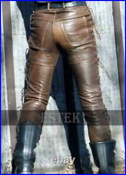 Mens Brown Leather Biker Laces Pants Vintage Leather Trousers