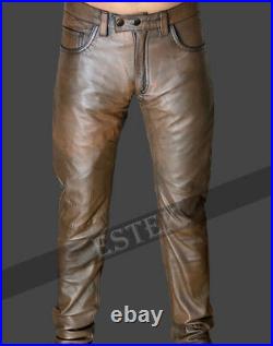 Mens Brown Leather Pants Slim Fit 501 Levis Cowhide Leather Trousers