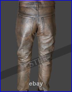Mens Brown Leather Pants Slim Fit 501 Levis Cowhide Leather Trousers