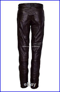 Mens Brown Stylish Fashion Soft Leather Designer Slim Fit Jeans Trousers Pants