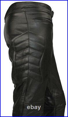 Mens CE Armoured Motorcycle Biker Black Leather Trousers Motorbike Jeans Pants