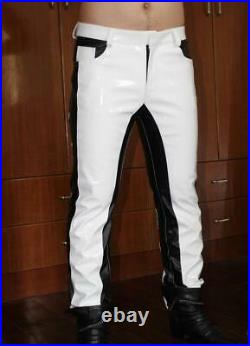 Mens Casual Personalized Match Color Punk Long Pants Trousers Motorcycle Leather