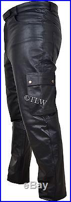 Mens Combat Cargo Leather Trouser Jeans Style Pants Biker MotorCycle, COW HIDE