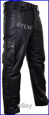 Mens Combat Cargo Leather Trouser Jeans Style Pants Biker MotorCycle, COW HIDE