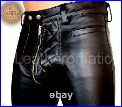 Mens Cow Custom Leather Addict Quilted Padded Pants Bluf Black Zipper Trouser