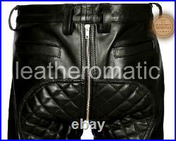 Mens Cow Custom Leather Addict Quilted Padded Pants Bluf Black Zipper Trouser