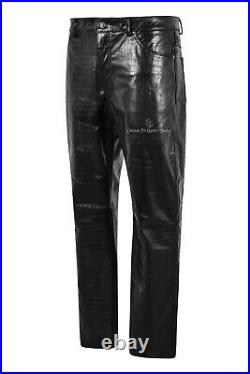 Mens Crocodile Print Pant Black Cow Leather Exotic Embossed Print Biker Pant 501