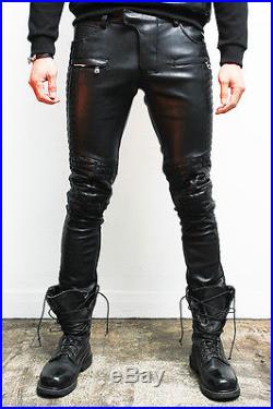 Mens Fashion Designer Black Leather Quilting Biker Skinny Pants, GENTLERSHOP