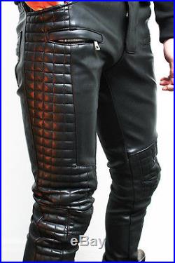 Mens Fashion Designer Black Leather Quilting Biker Skinny Pants, GENTLERSHOP