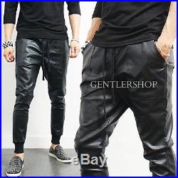 Mens Fashion Slim Fit Black Faux Leather Semi Baggy Strap Sweatpant, GENTLERSHOP