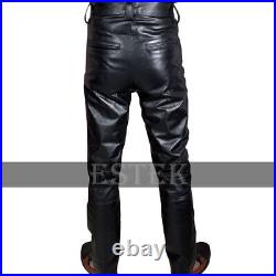 Mens Genuine Black Leather Biker Pants/Trousers Double Zipper Pants Motorbike