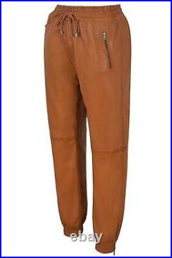 Mens Genuine Leather Lambskin Brown Jogger Workout Pant Handmade