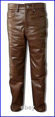 Mens Genuine Leather Pant Jeans Style 5 Pockets Motorbike Brown Pants New
