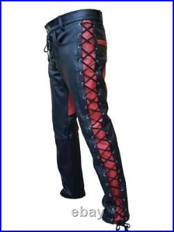 Mens Genuine Leather Pants Front & Side Laced Jeans Biker Style Trousers Pants