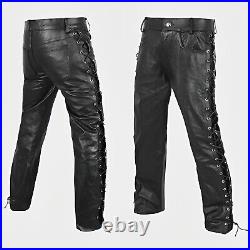 Mens Genuine Leather Pants Side Laced Up Bikers Jeans Cowboy Style Trousers