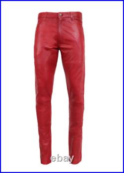 Mens Genuine Red Leather Jeans 5 Pockets Jeans Leather Motorbike Leather Jeans