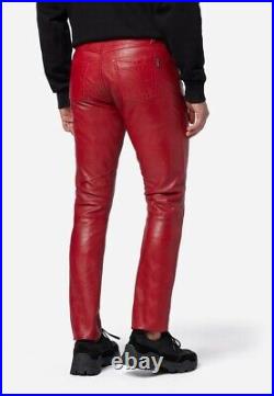 Mens Genuine Red Leather Jeans 5 Pockets Jeans Leather Motorbike Leather Jeans