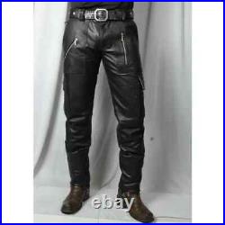 Mens Genuine Sheep Leather Black Cargo Pants with Side Zipper stylish trouser