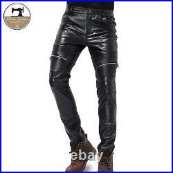 Mens Genuine Sheep Leather Black Lining Pants with Zipper stylish soft trousers