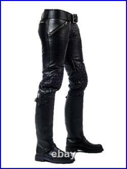 Mens Genuine Sheep Leather Black Quilted Pant with Zipper stylish soft trousers