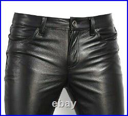 Mens Genuine Sheepskin Leather Pants Slim fit Casual Tight Trousers Biker Pants