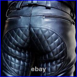 Mens Genuine Soft Cow Leather Pants Motorcycle Bikers Style Jeans Quilted Pants