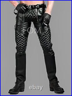 Mens Genuine Soft Leather Black Quilted Pant Adult Zipper Jeans Bikers Trouser