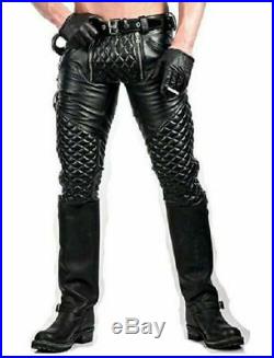 Mens Genuine Soft Sheep Leather Black Quilted Pant Zipper Biker trousers P02