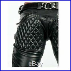 Mens Genuine Soft Sheep Leather Black Quilted Pant Zipper Biker trousers P02