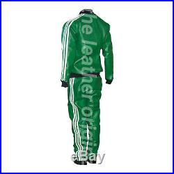 Mens Green Leather Tracksuit with white Stripes Style