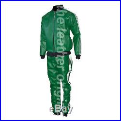 Mens Green Leather Tracksuit with white Stripes Style