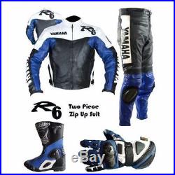Mens Handmade Yamaha Blue R6 Motorcycle SUIT Leather Jacket Pants Boots Gloves