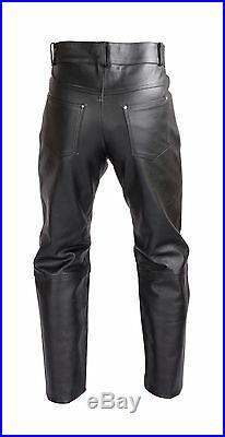 Mens Heavy Duty Motorcycle Black Leather Pants Jeans Style Five Pockets PT54
