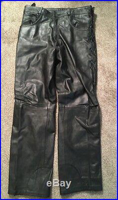 Mens Heavy Leather Motorcycle Pants With Lacing Sides, Size 32.5