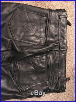 Mens Heavy Leather Motorcycle Pants With Lacing Sides, Size 32.5