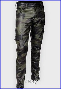 Mens Hot Genuine Leather Camo Pants Nightclub Trousers Kink Gay Bluf Trousers
