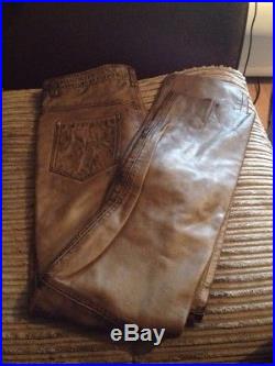 Mens Jeans Dirty Brown Waxed Real Leather Motorcycle Biker Trouser 501 Pants 32