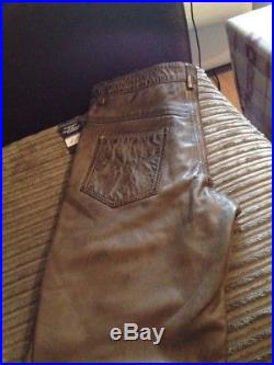 Mens Jeans Dirty Brown Waxed Real Leather Motorcycle Biker Trouser 501 Pants 32