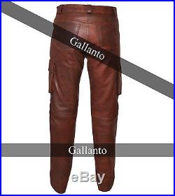 Mens Jeans Style Brown Combat Cargo Leather Trouser Pants (Armours Available)