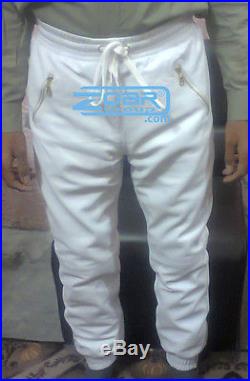 Mens Jogging SweatPants white leather sweat pants trousers with gold zipper