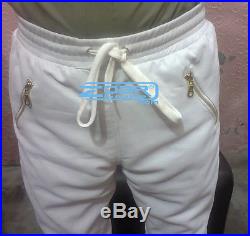 Mens Jogging SweatPants white leather sweat pants trousers with gold zipper