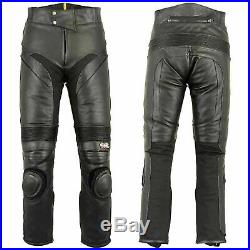Mens Leather Biker Pants Slim Heavy Duty Lining Motorcycle Jeans Trousers Black