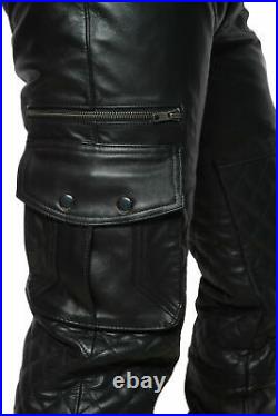 Mens Leather Cargo Quilted Pant Real Leather Biker Pant All In Size New
