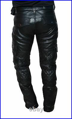 Mens Leather Cargo Quilted Pant Real Leather Biker Pant All In Size New